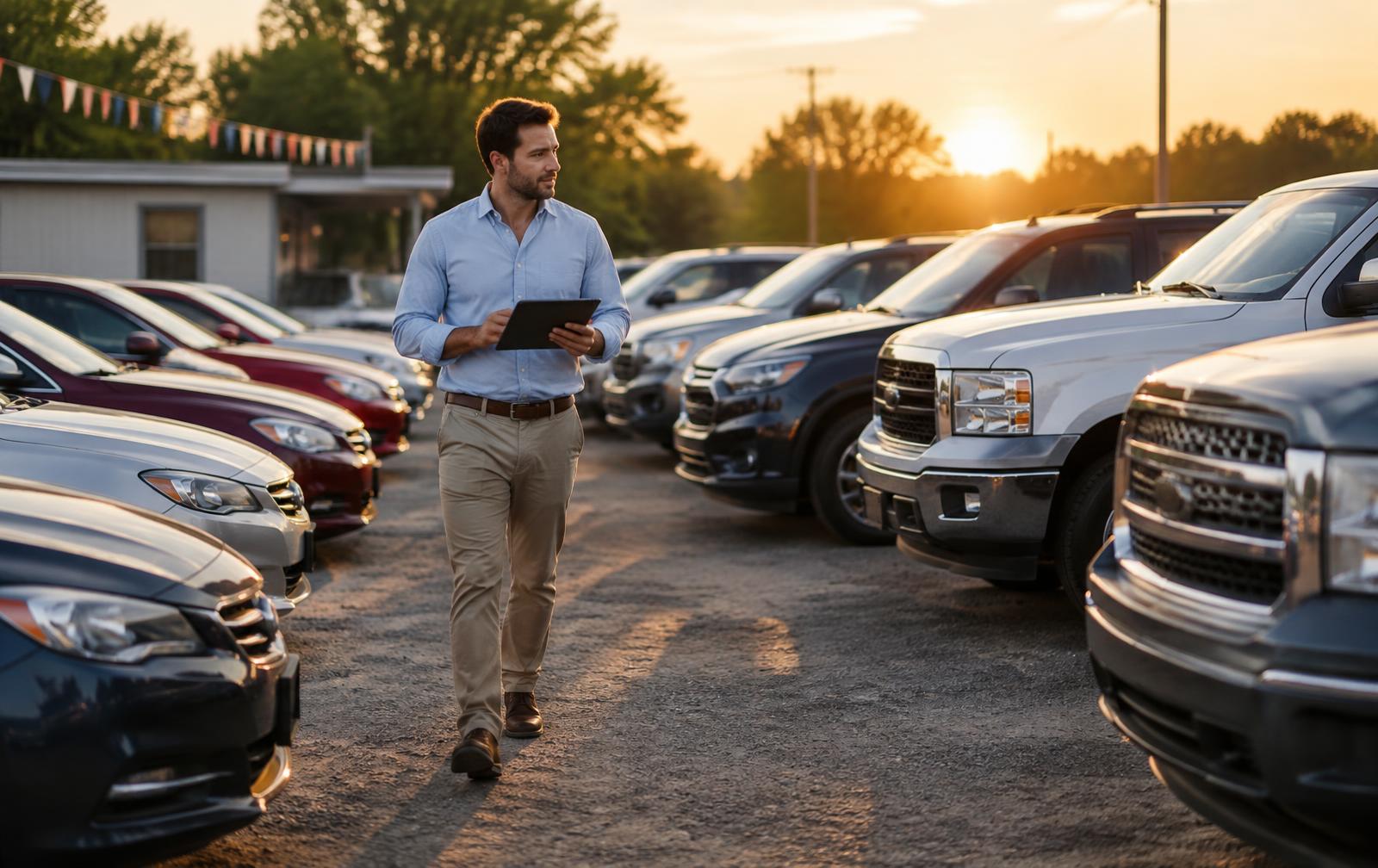 Independent used-car dealer walking the lot at sunset with a tablet, reviewing inventory between rows of used sedans, SUVs, and pickup trucks