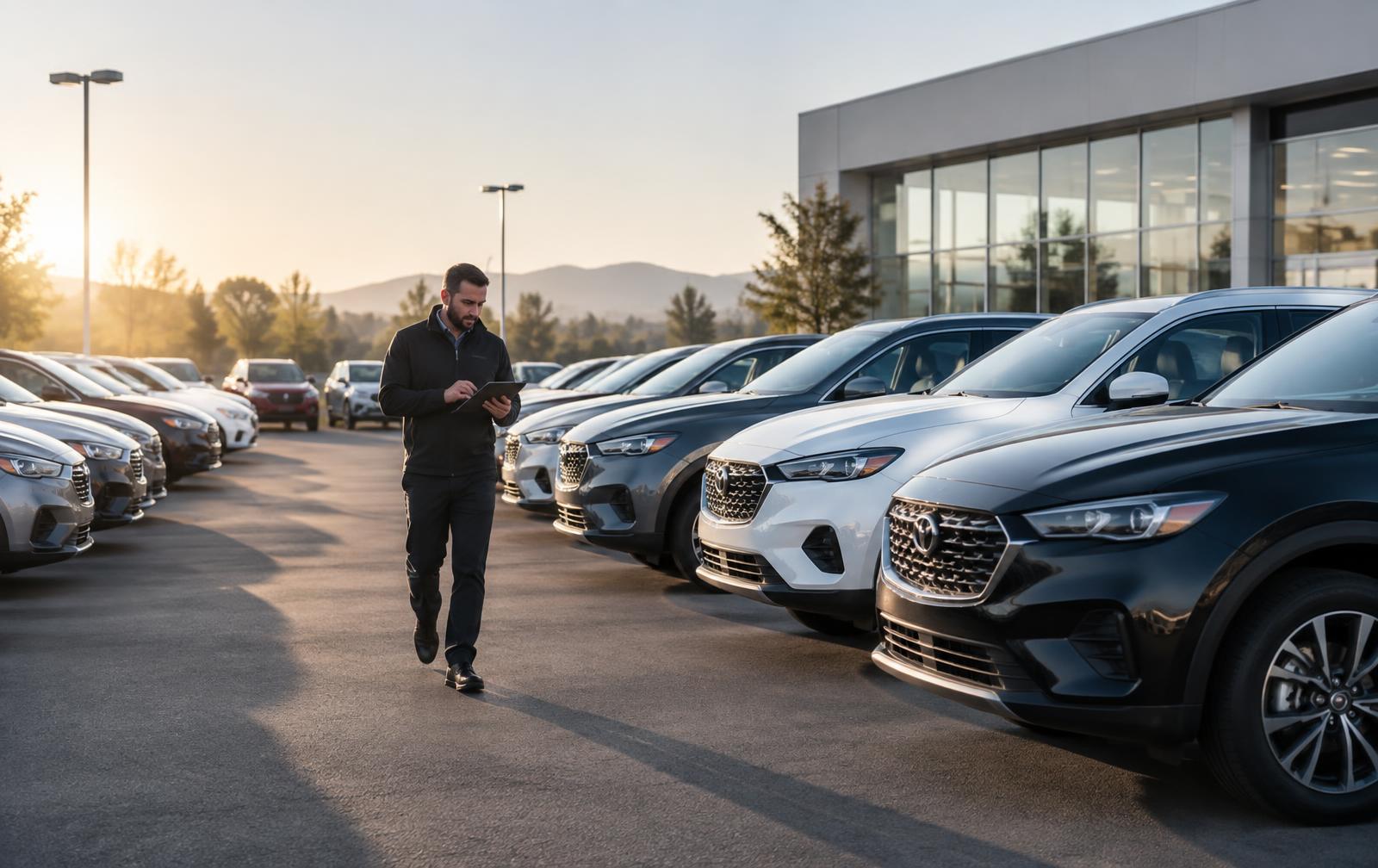 Independent car dealer using dealer management software on a tablet to review used-vehicle inventory on the lot