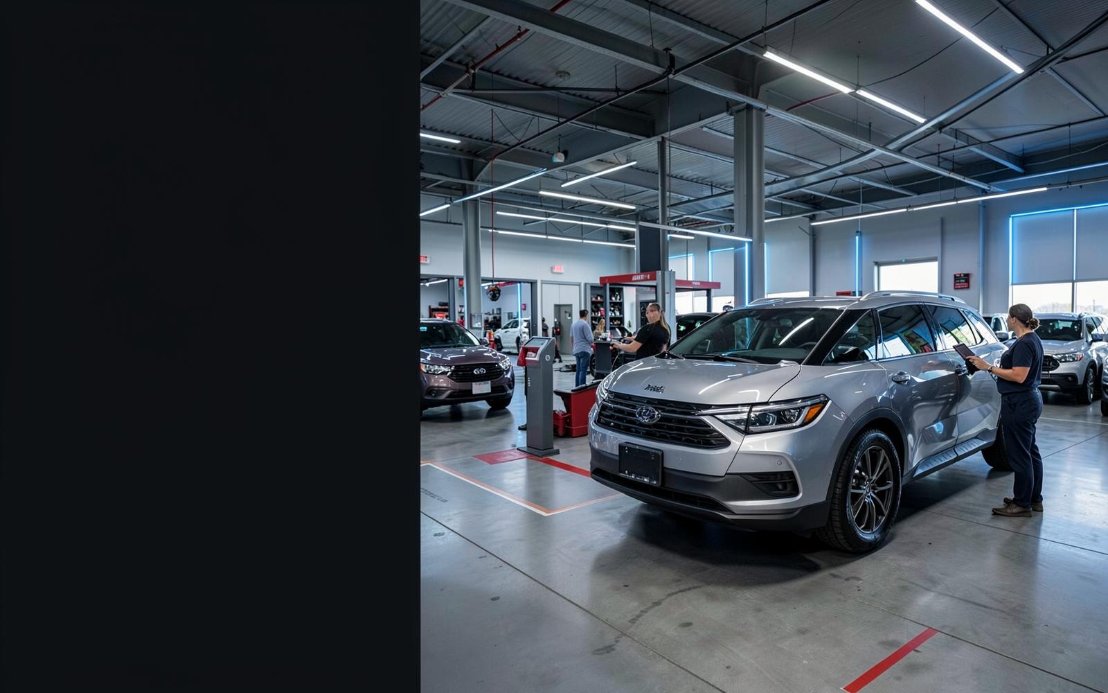US dealership service drive connecting vehicle, advisor and service operations