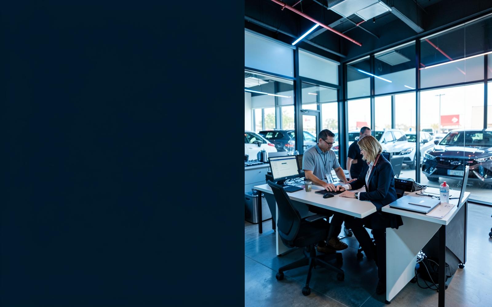 Dealership staff working with inventory and customer records inside a US showroom